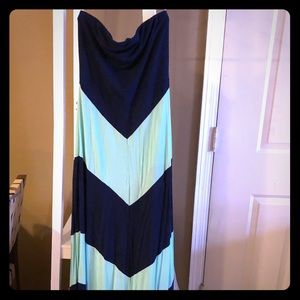 Strapless navy and light blue chevron maxi dress